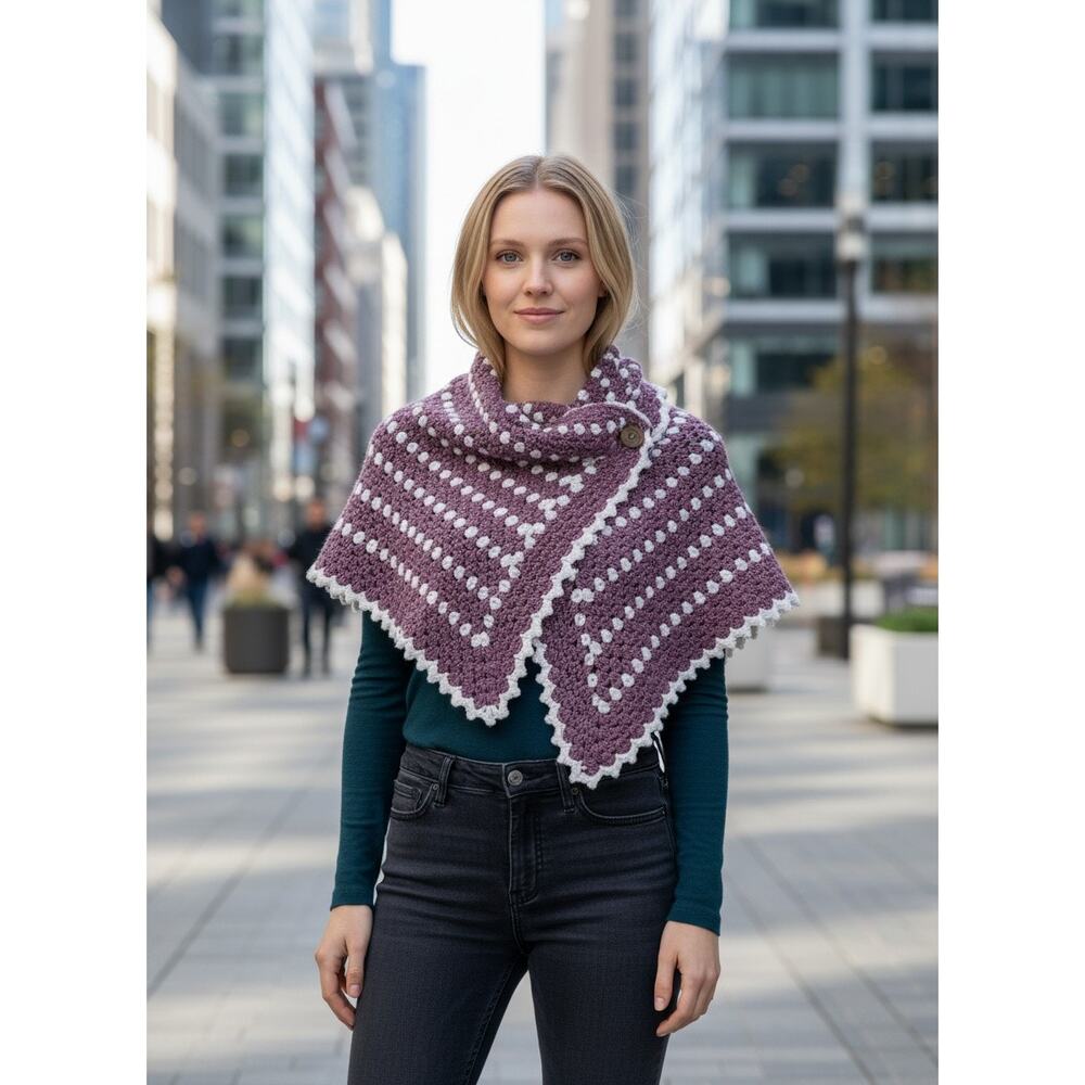 Handmade Crochet Poncho Shawl Purple White Scalloped Cottagecore